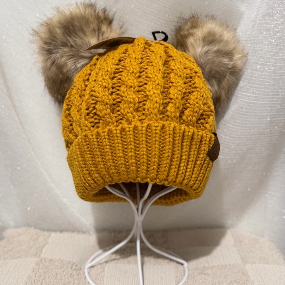 C.C mustard Knit Beanie with Faux Fur Pom Pom